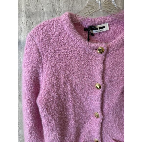 Miu Miu Pink Bouclé Wool-Blend Button-Up Cardigan With Pockets - Picture 6 of 16